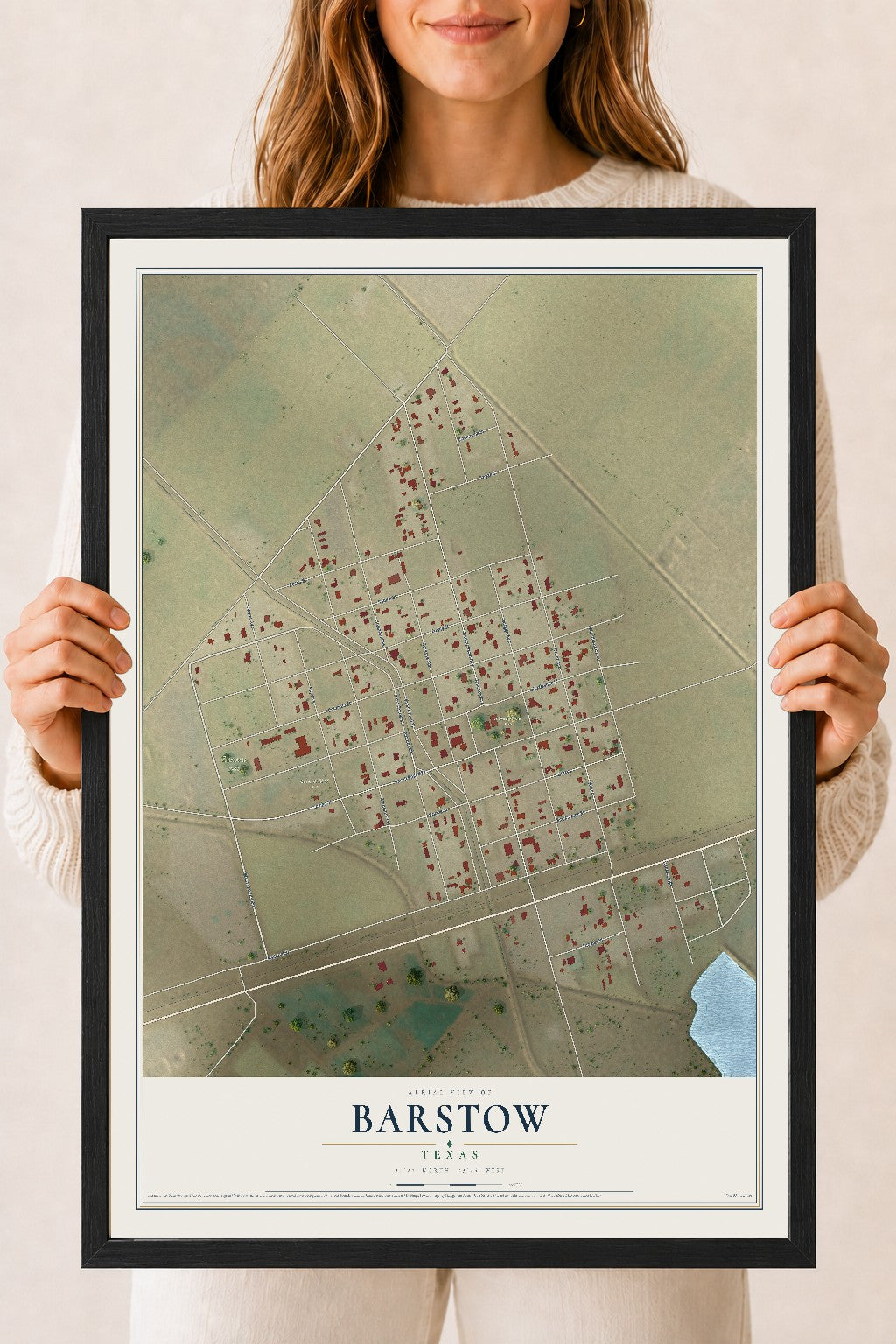 Map of Barstow, Texas, 18 x 24 inch print in a black wood frame
