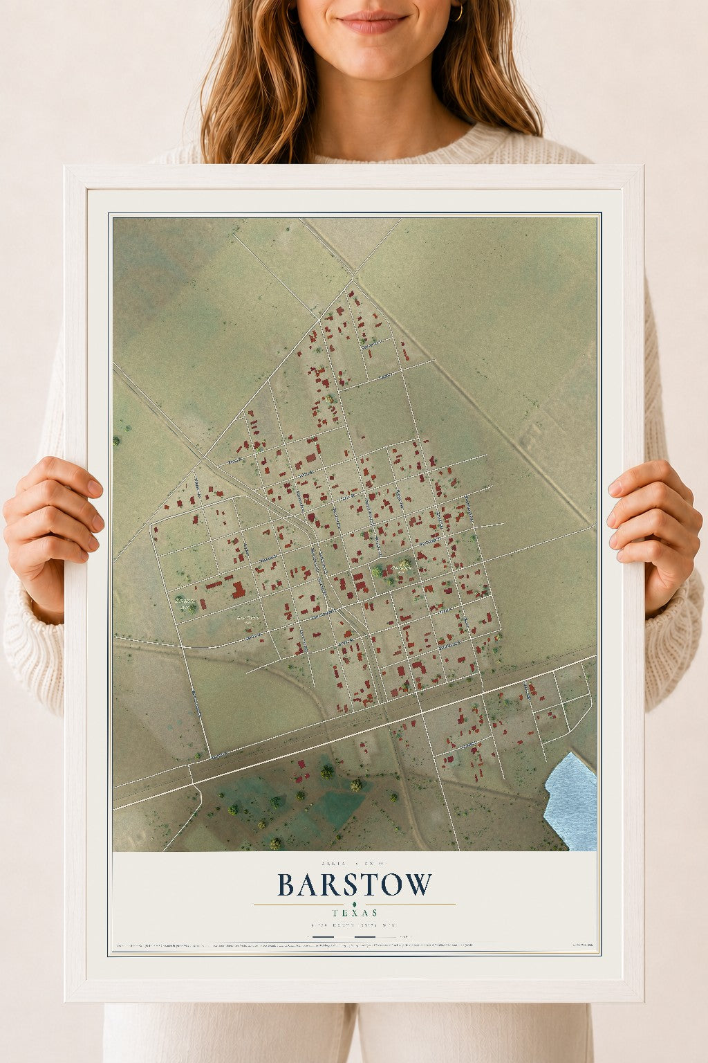 Map of Barstow, Texas, 18 x 24 inch print in a white wood frame