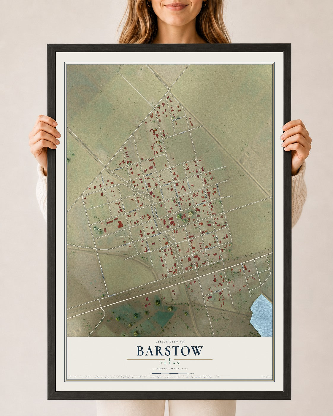 Map of Barstow, Texas, 24 x 36 inch print in a black wood frame
