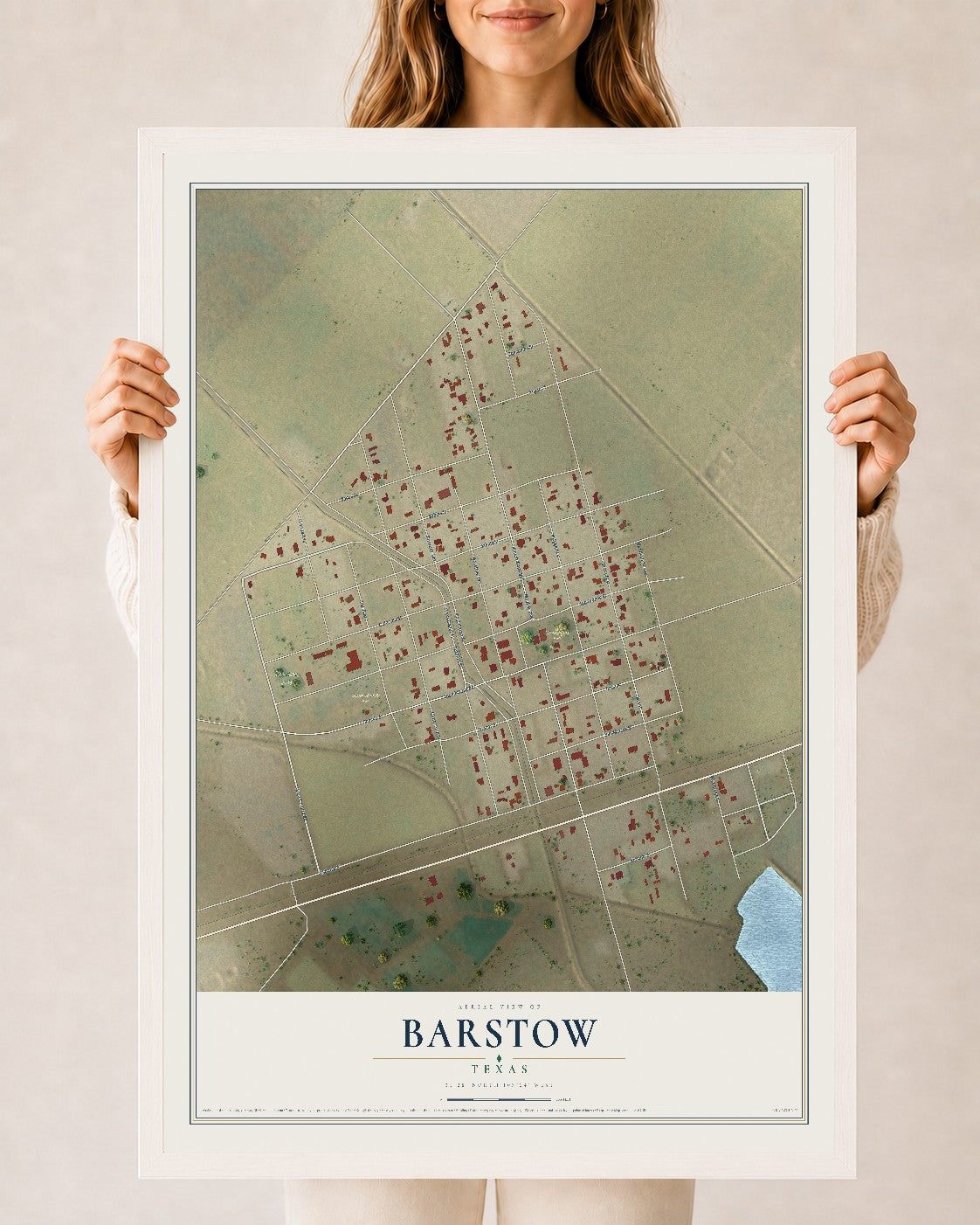 Map of Barstow, Texas, 24 x 36 inch print in a white wood frame
