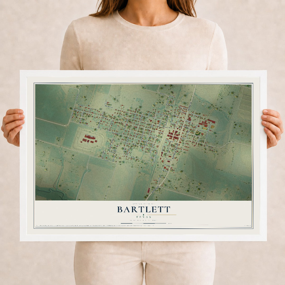 Map of Bartlett, Texas, 12 x 18 inch print in a white wood frame