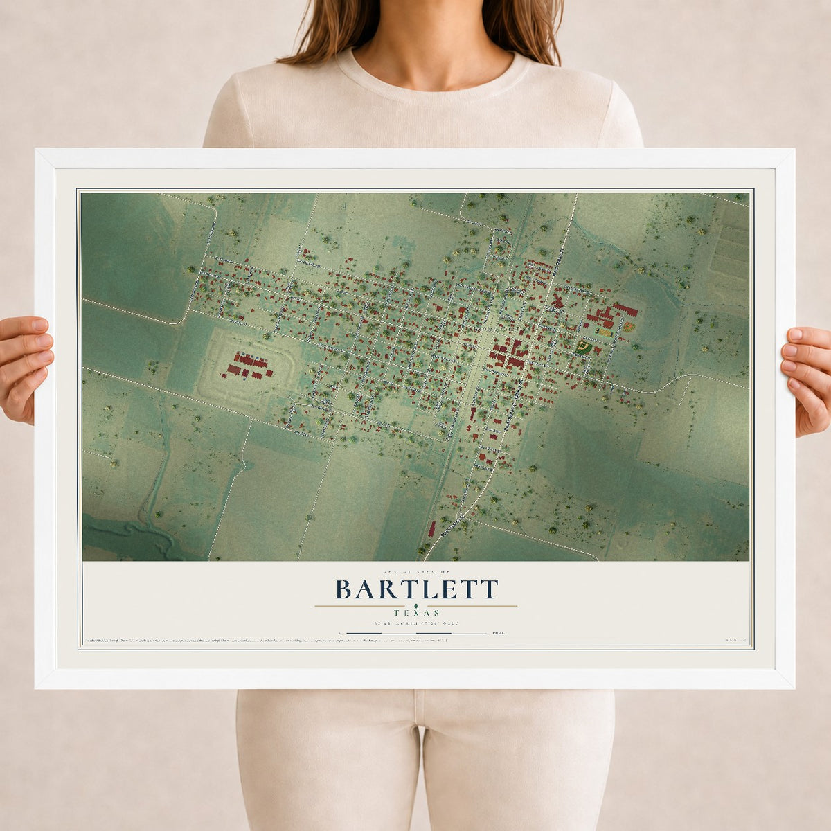 Map of Bartlett, Texas, 18 x 24 inch print in a white wood frame