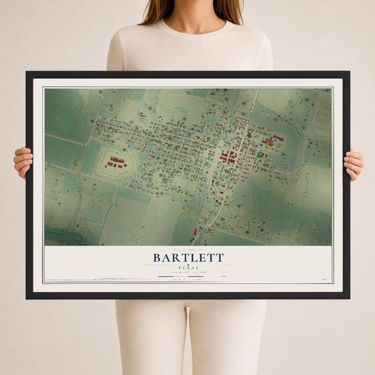 Map of Bartlett, Texas, 24 x 36 inch print in a black wood frame
