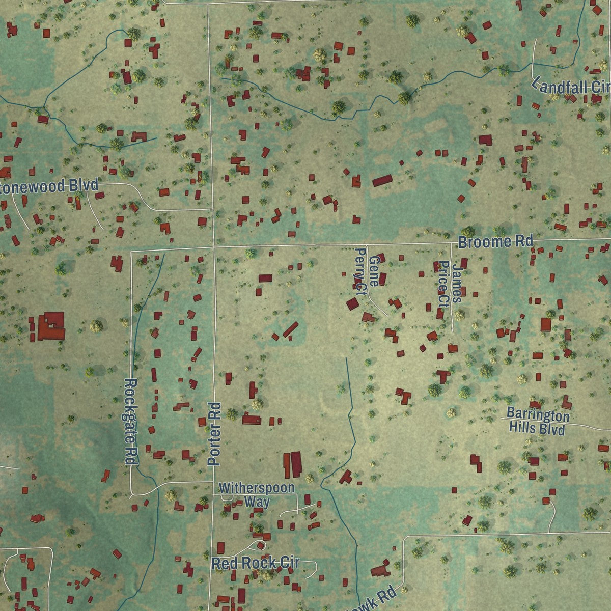 Close-up of the map of Bartonville, Texas print showing street and building detail