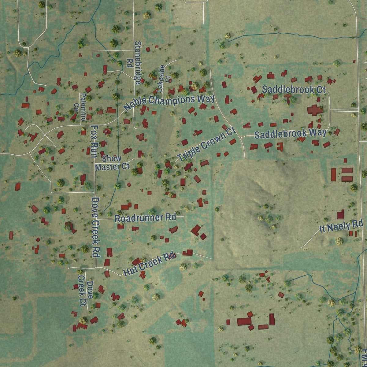Second close-up of the map of Bartonville, Texas print showing more streets and buildings
