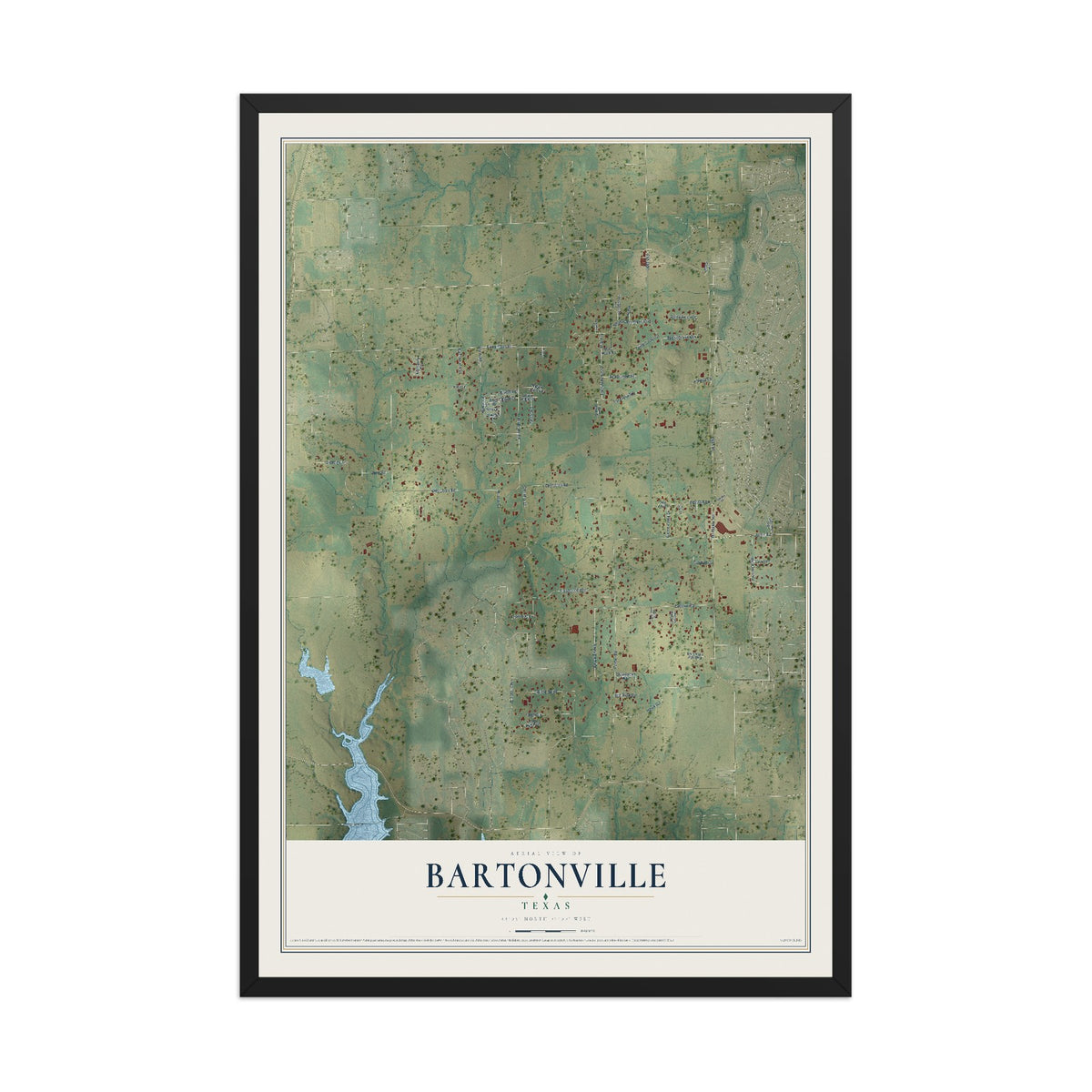 Map of Bartonville, Texas, 12 x 18 inch print in a black wood frame