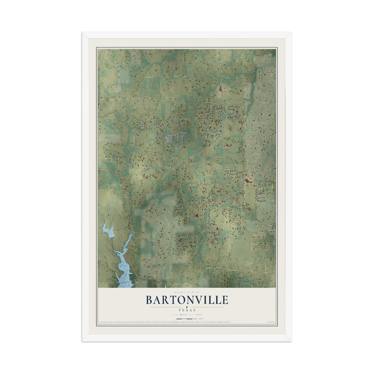 Map of Bartonville, Texas, 12 x 18 inch print in a white wood frame