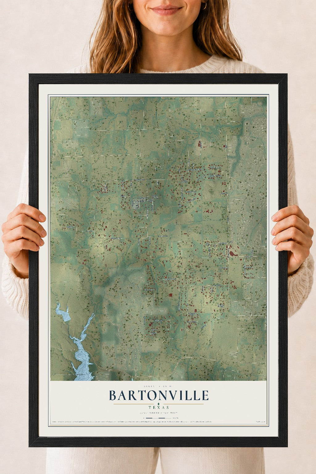 Map of Bartonville, Texas, 18 x 24 inch print in a black wood frame
