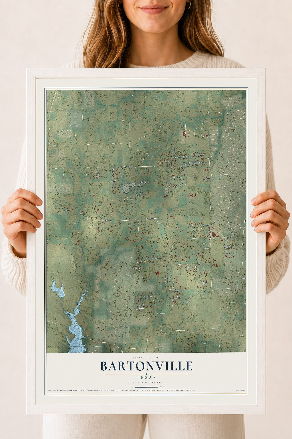 Map of Bartonville, Texas, 18 x 24 inch print in a white wood frame
