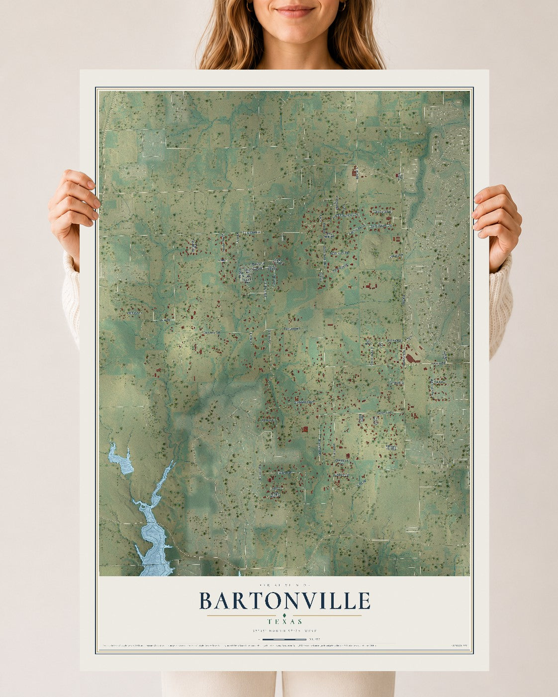Map of Bartonville, Texas, 24 x 36 inch unframed archival matte print