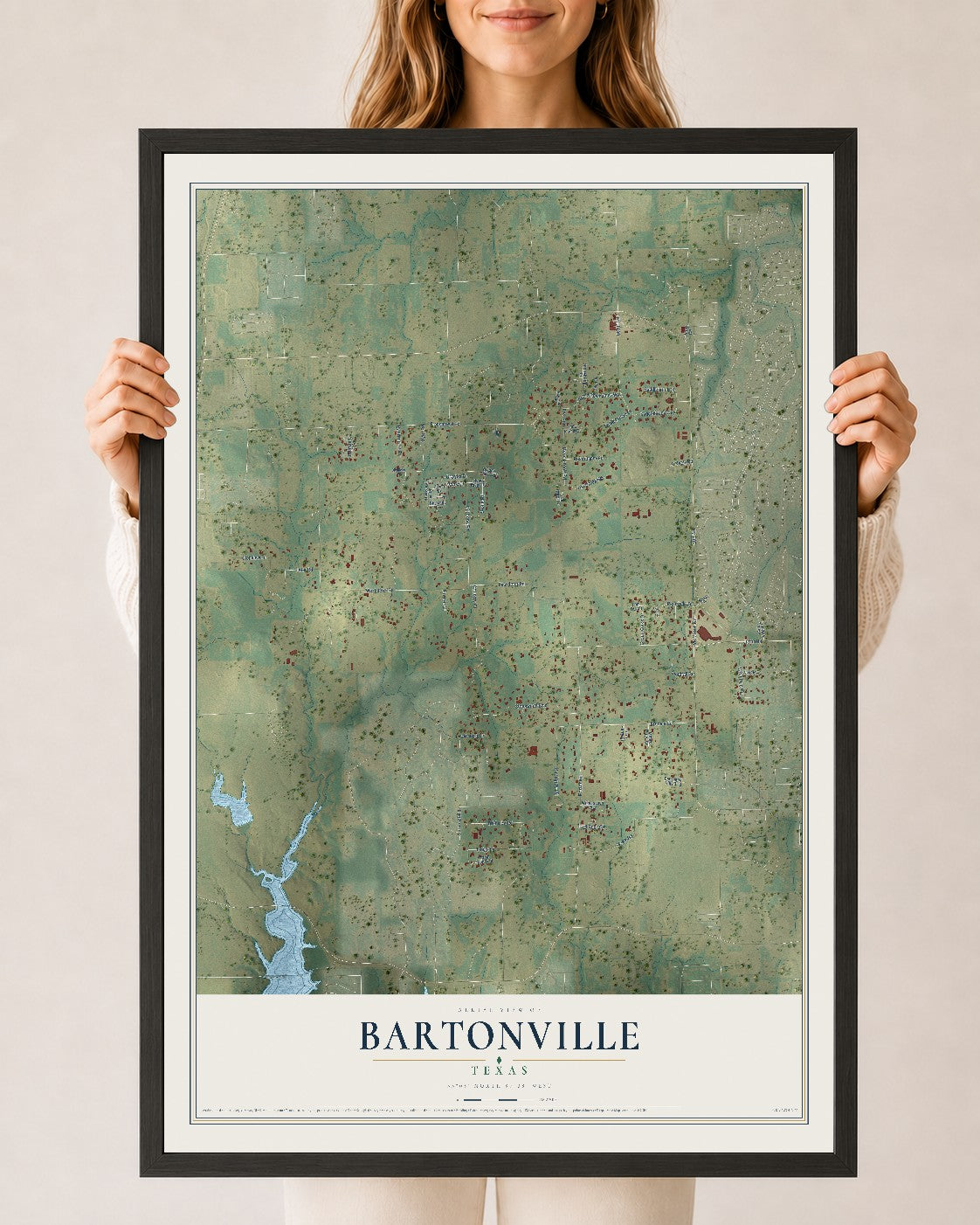 Map of Bartonville, Texas, 24 x 36 inch print in a black wood frame