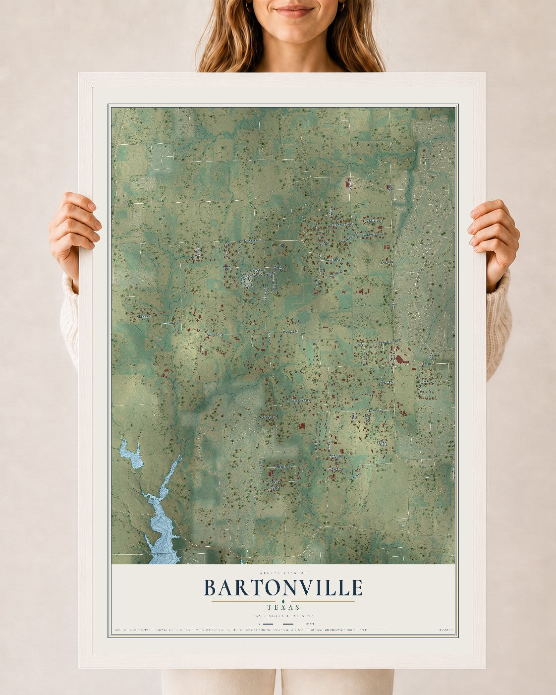 Map of Bartonville, Texas, 24 x 36 inch print in a white wood frame
