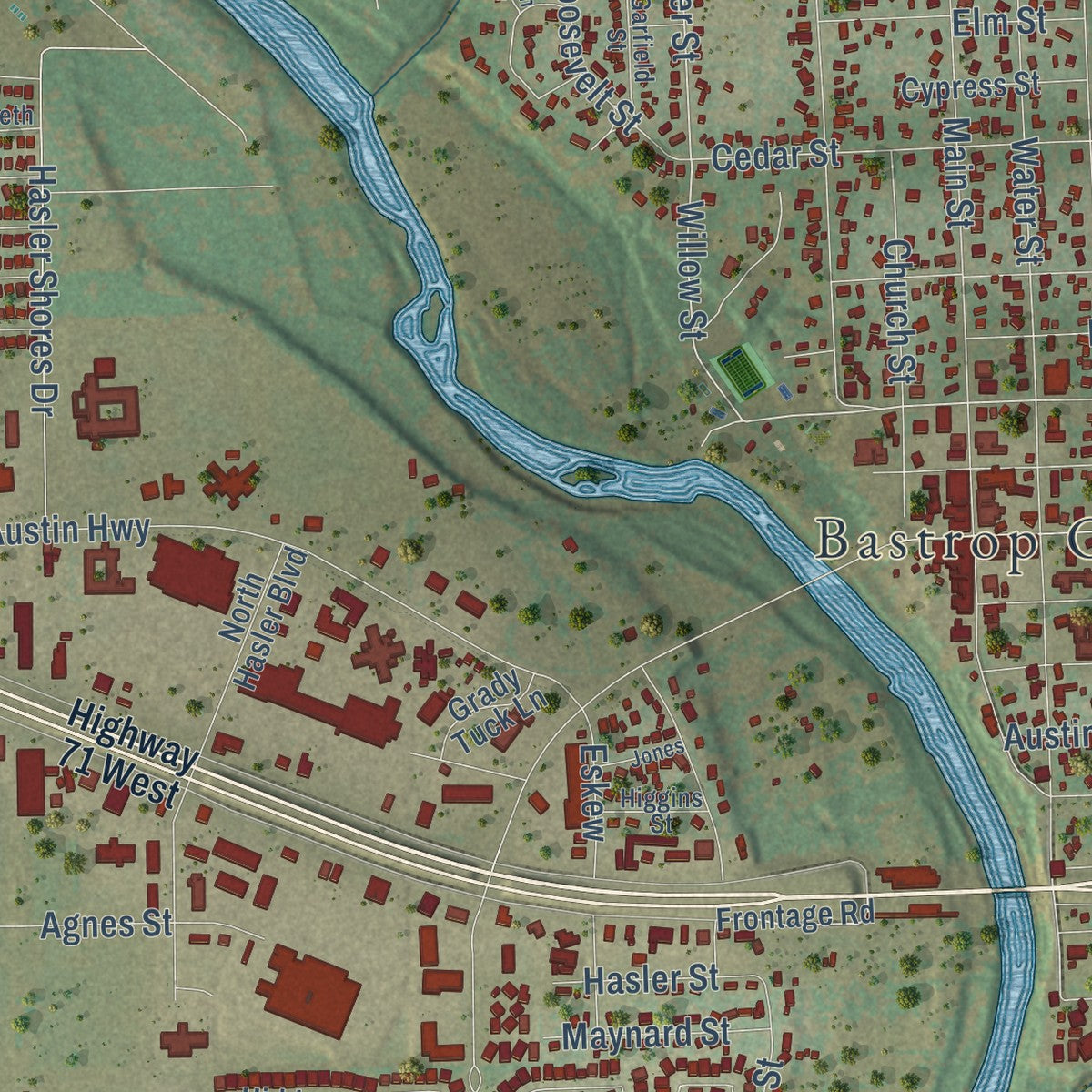 Close-up of the map of Bastrop, Texas print showing street and building detail