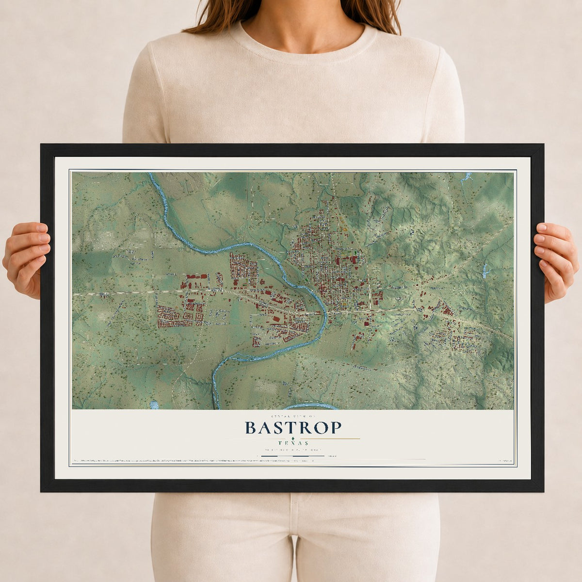 Map of Bastrop, Texas, 12 x 18 inch print in a black wood frame