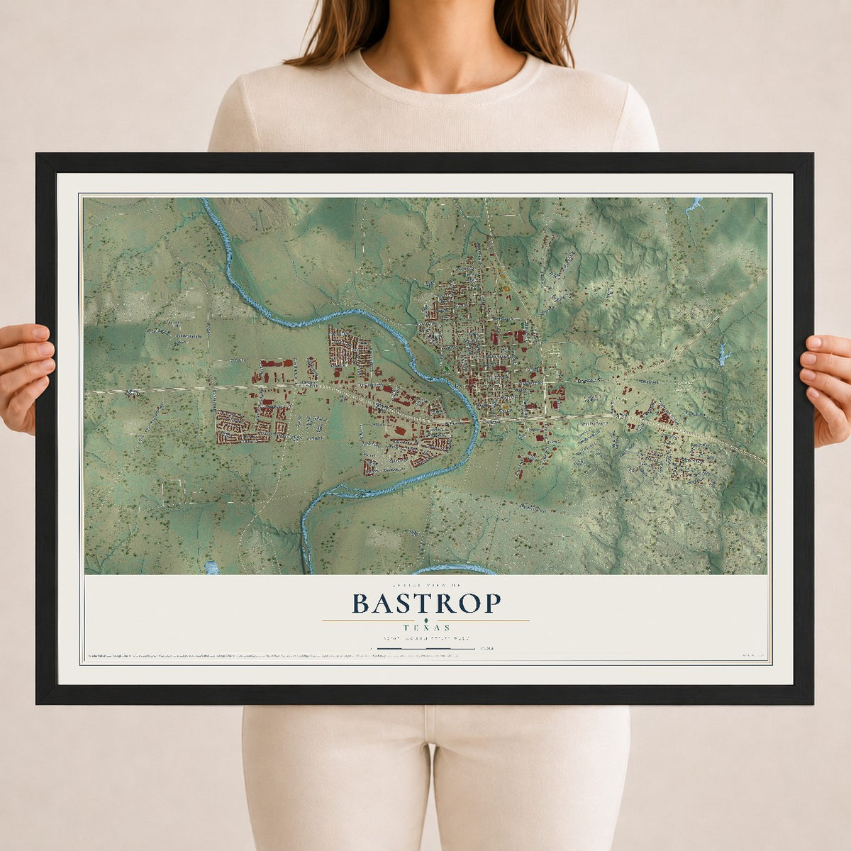 Map of Bastrop, Texas, 18 x 24 inch print in a black wood frame