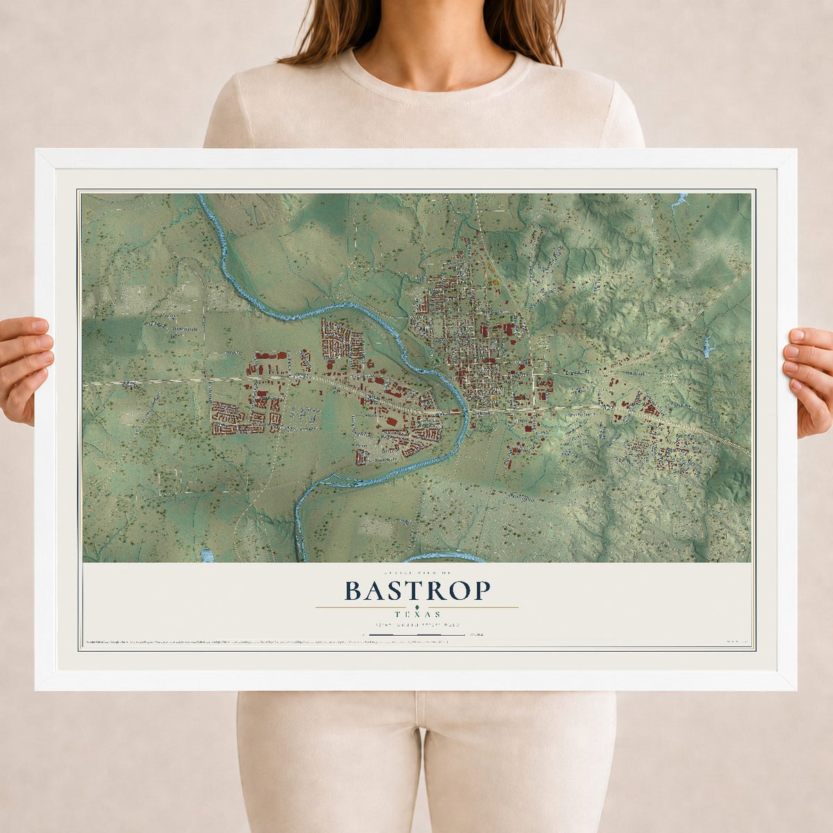 Map of Bastrop, Texas, 18 x 24 inch print in a white wood frame