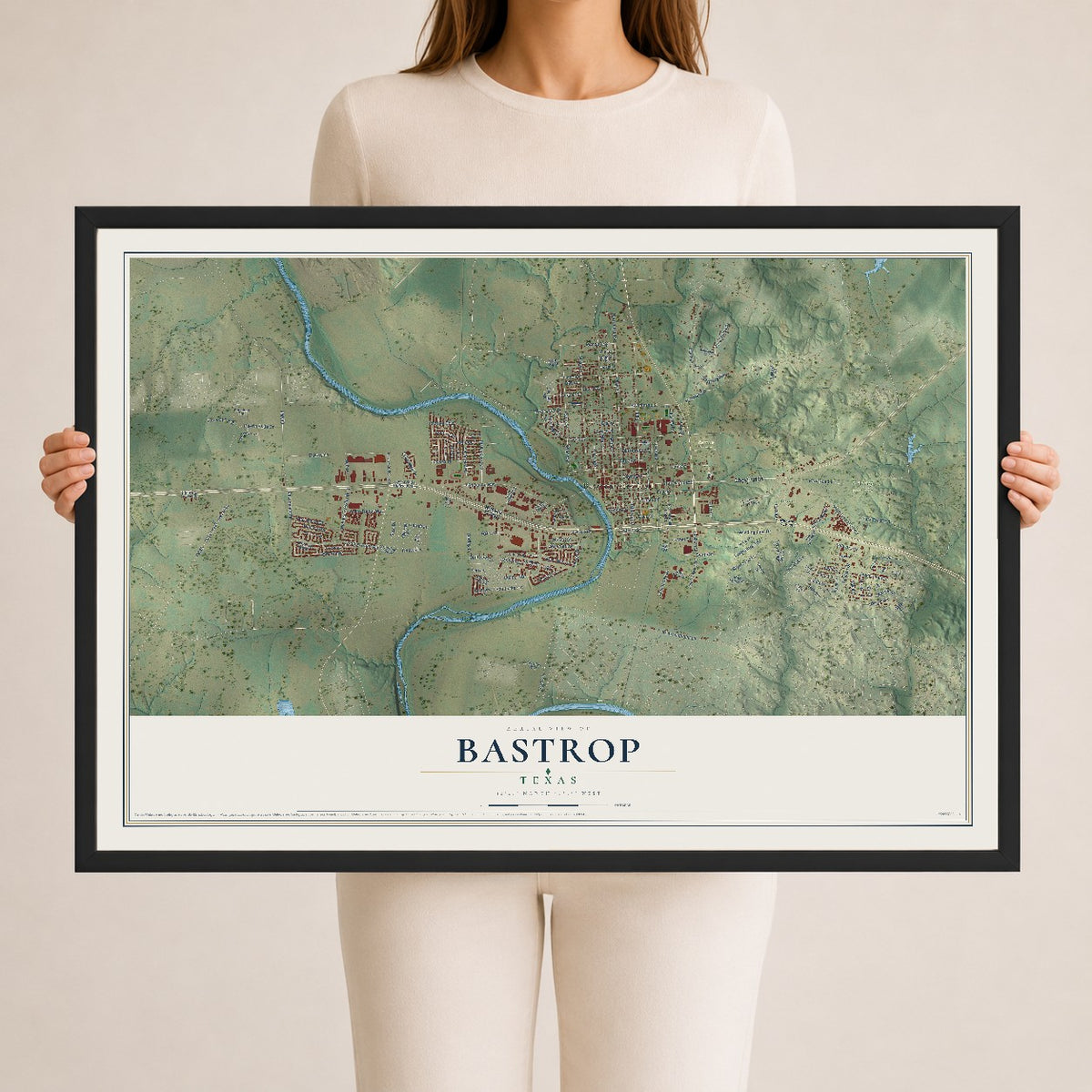 Map of Bastrop, Texas, 24 x 36 inch print in a black wood frame