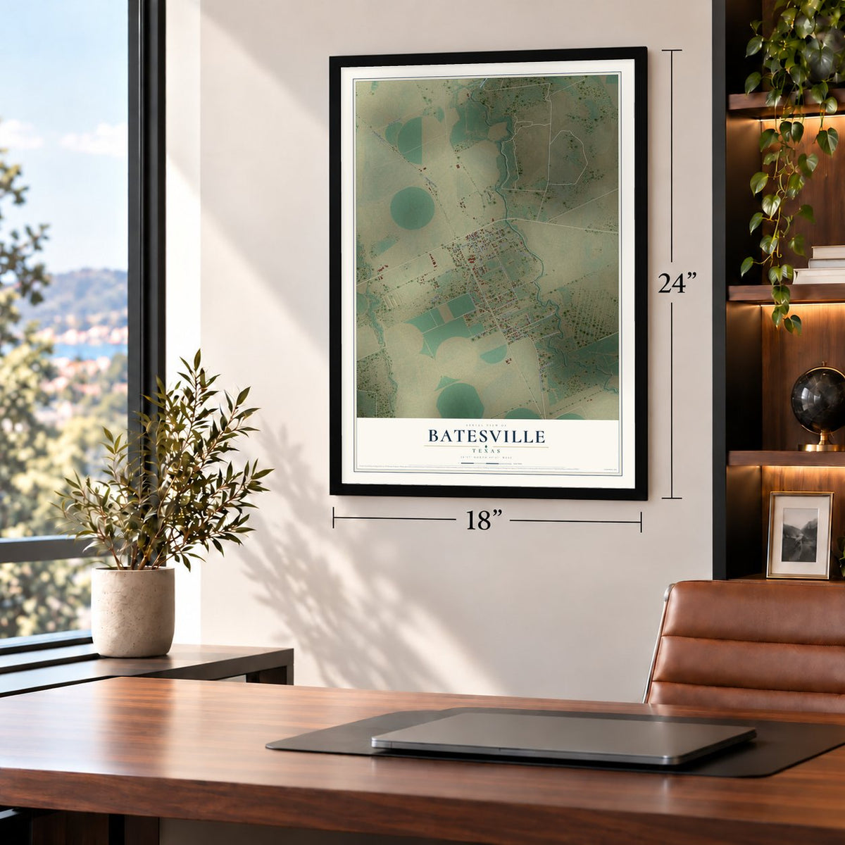 Batesville, Texas map, 18 x 24 inch print in a black frame in a home office