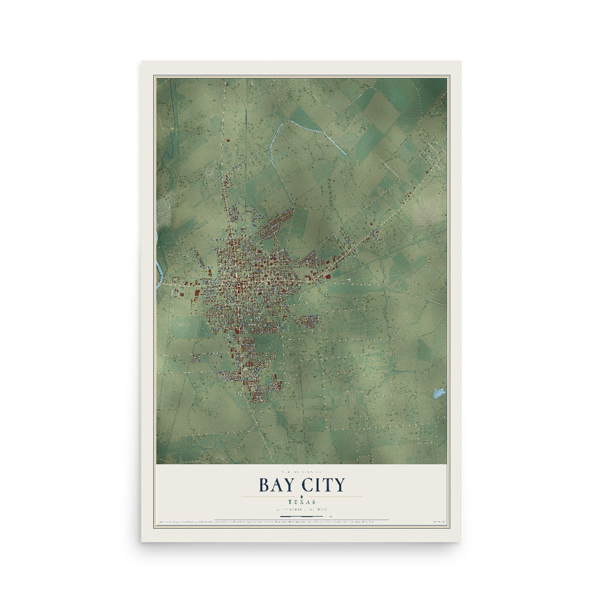 Map of Bay City, Texas, 12 x 18 inch unframed archival matte print