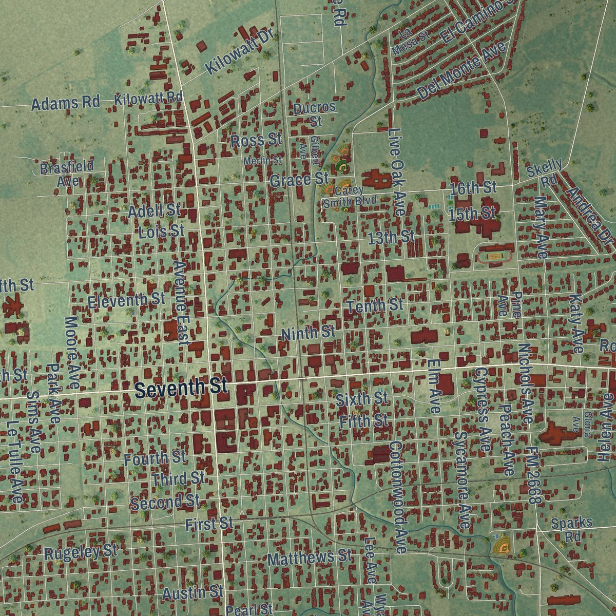 Close-up of the map of Bay City, Texas print showing street and building detail
