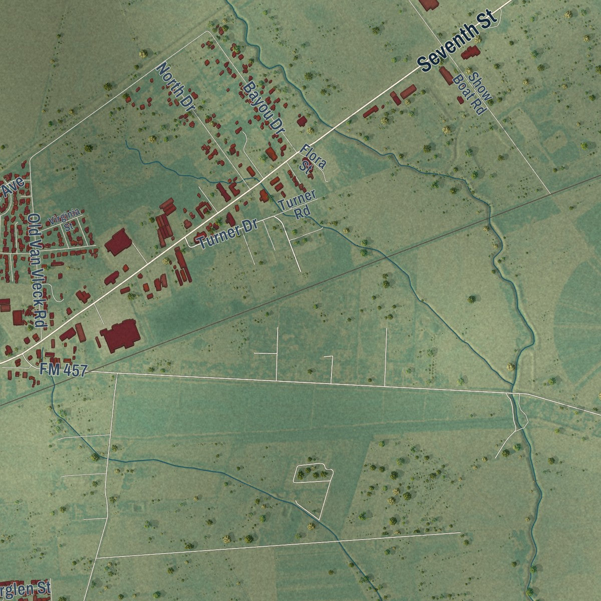 Second close-up of the map of Bay City, Texas print showing more streets and buildings