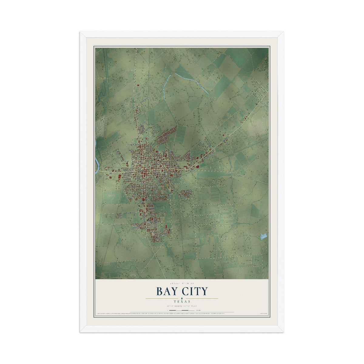 Map of Bay City, Texas, 12 x 18 inch print in a white wood frame
