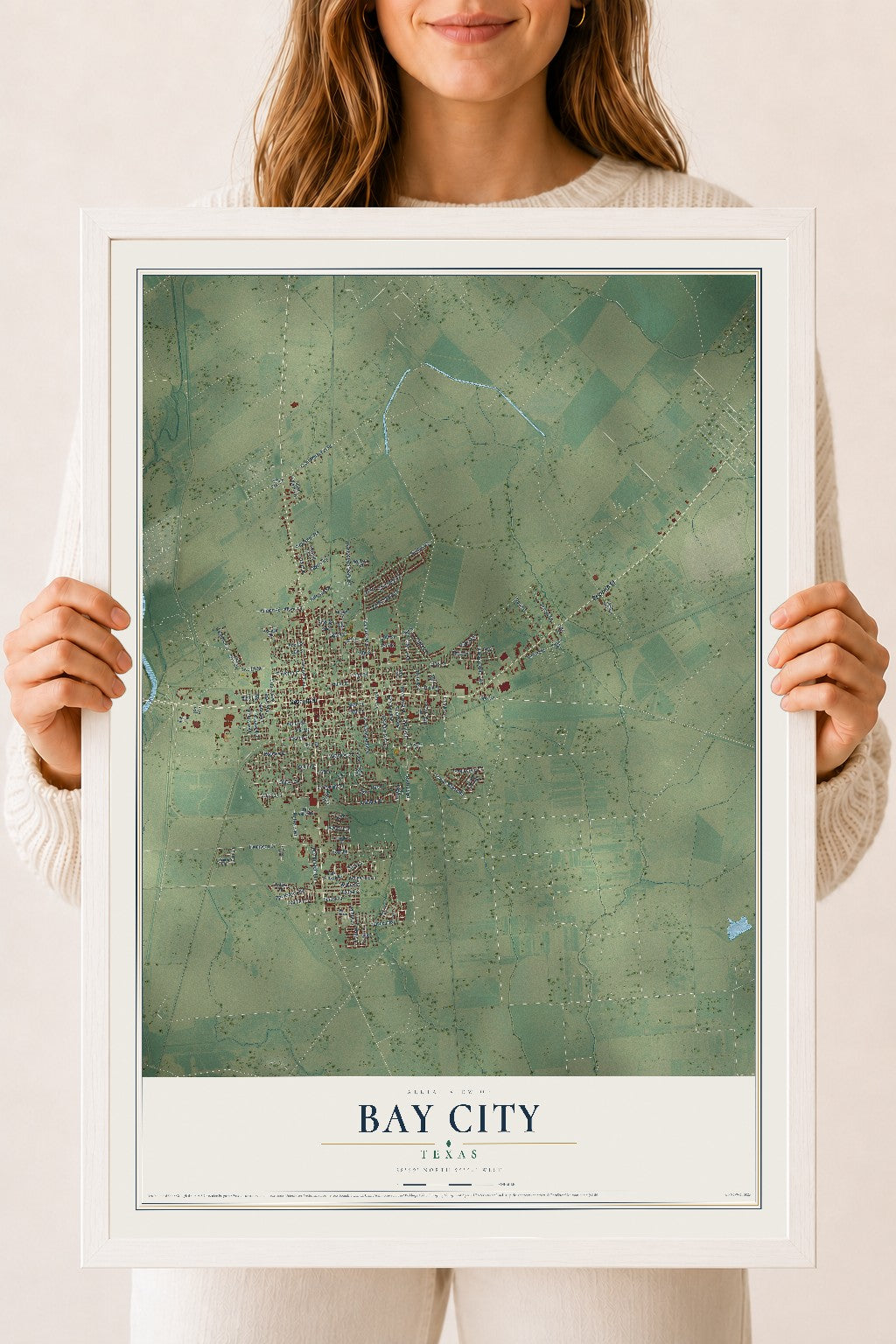 Map of Bay City, Texas, 18 x 24 inch print in a white wood frame