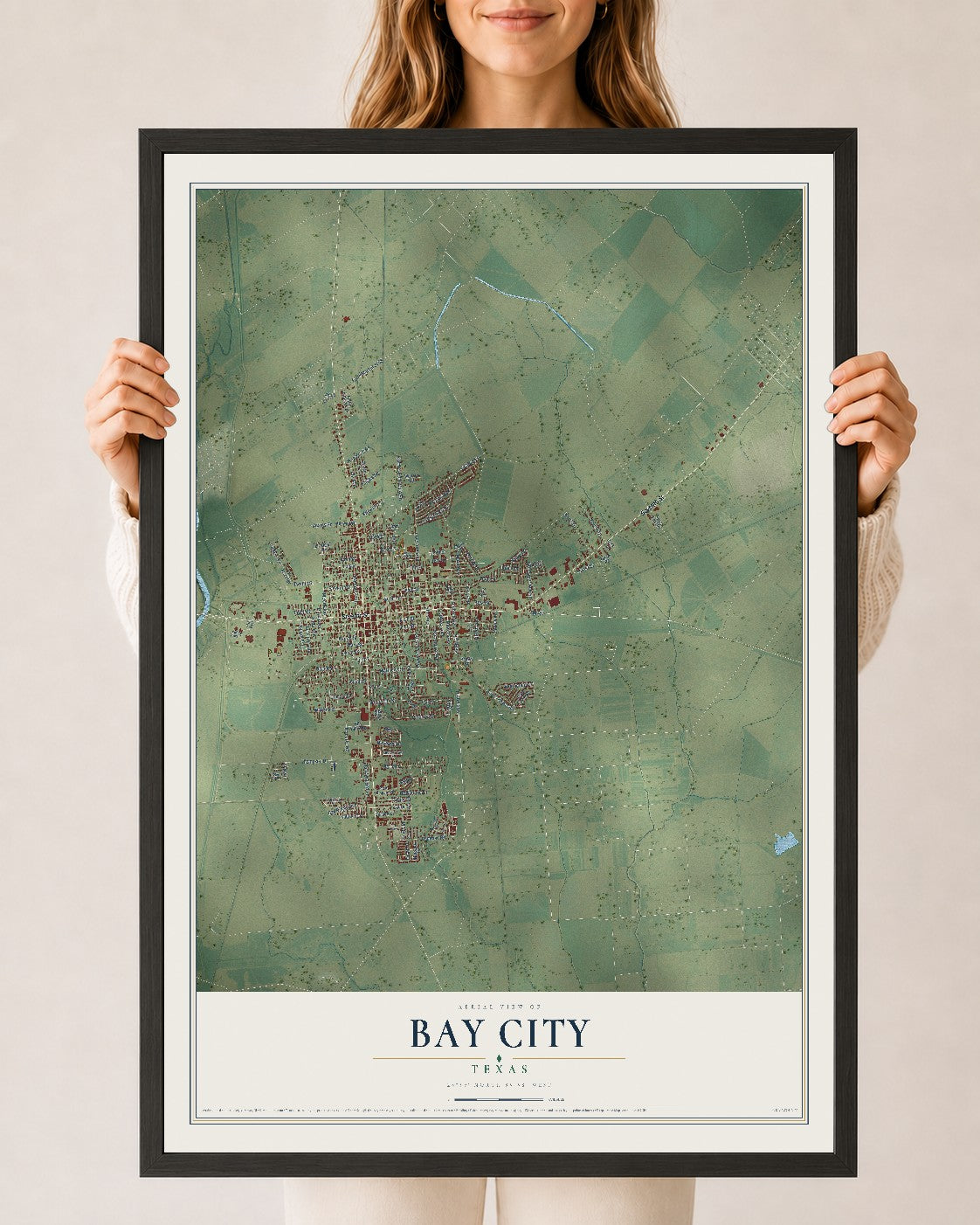 Map of Bay City, Texas, 24 x 36 inch print in a black wood frame