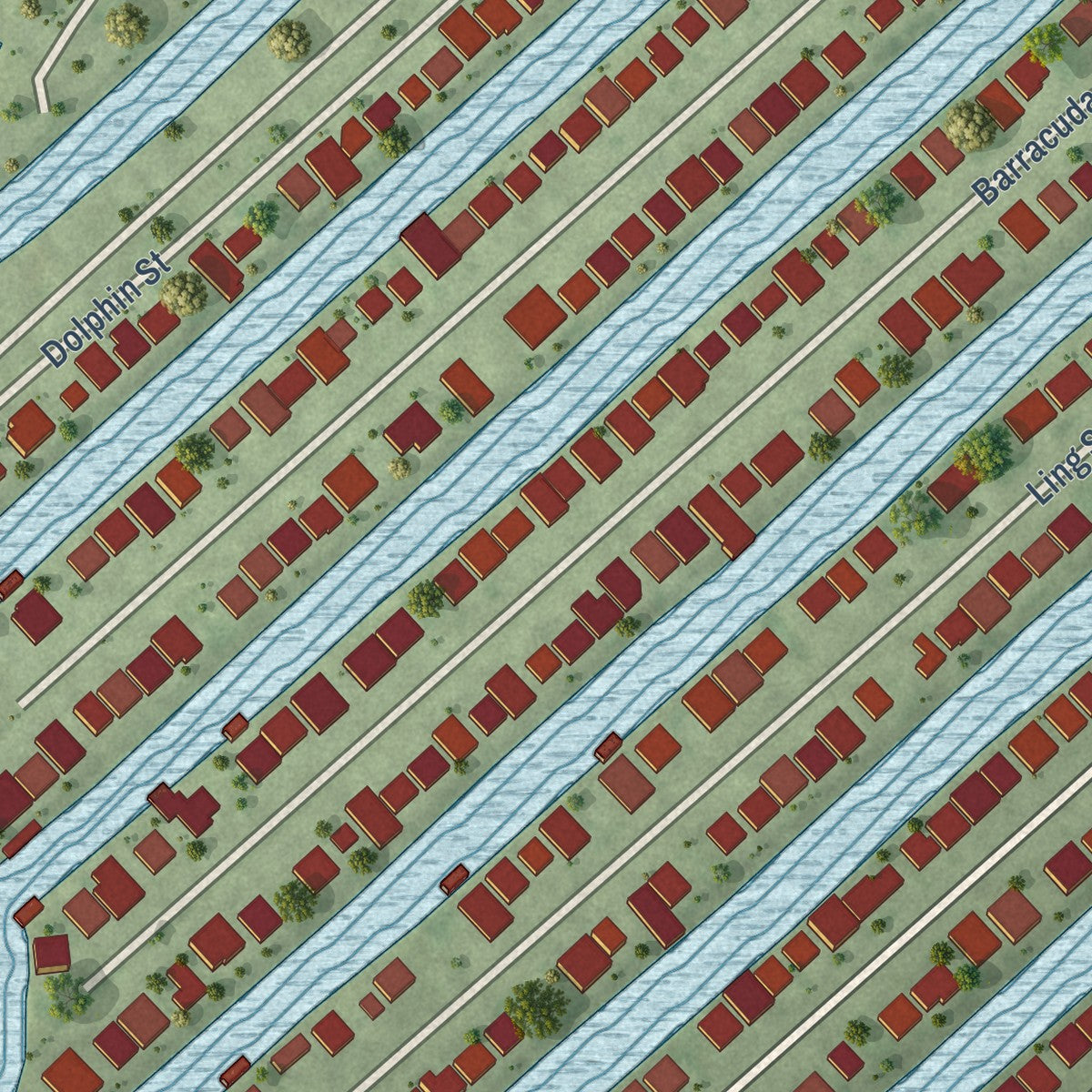 Close-up of the map of Bayou Vista, Texas print showing street and building detail