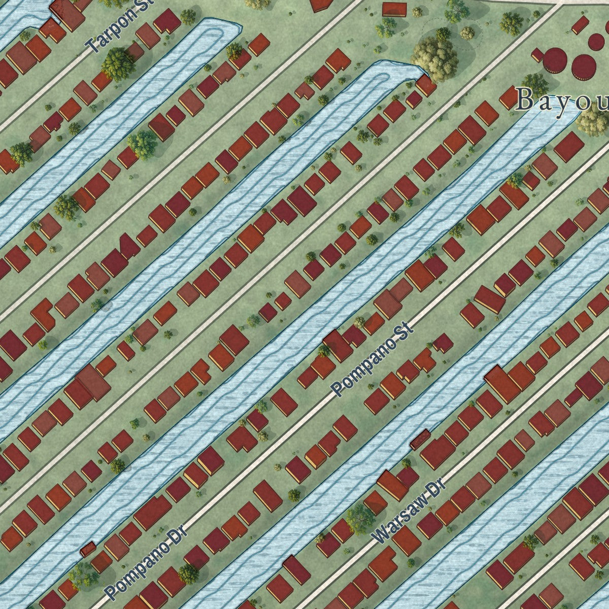 Second close-up of the map of Bayou Vista, Texas print showing more streets and buildings