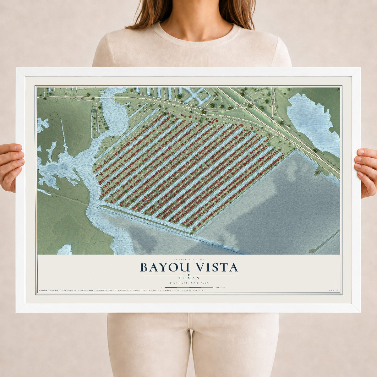 Map of Bayou Vista, Texas, 18 x 24 inch print in a white wood frame