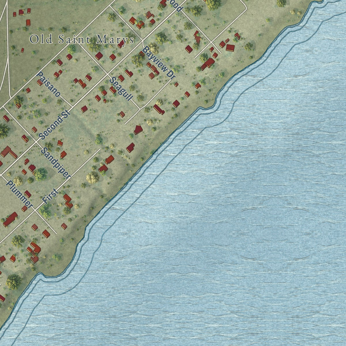 Second close-up of the map of Bayside, Texas print showing more streets and buildings
