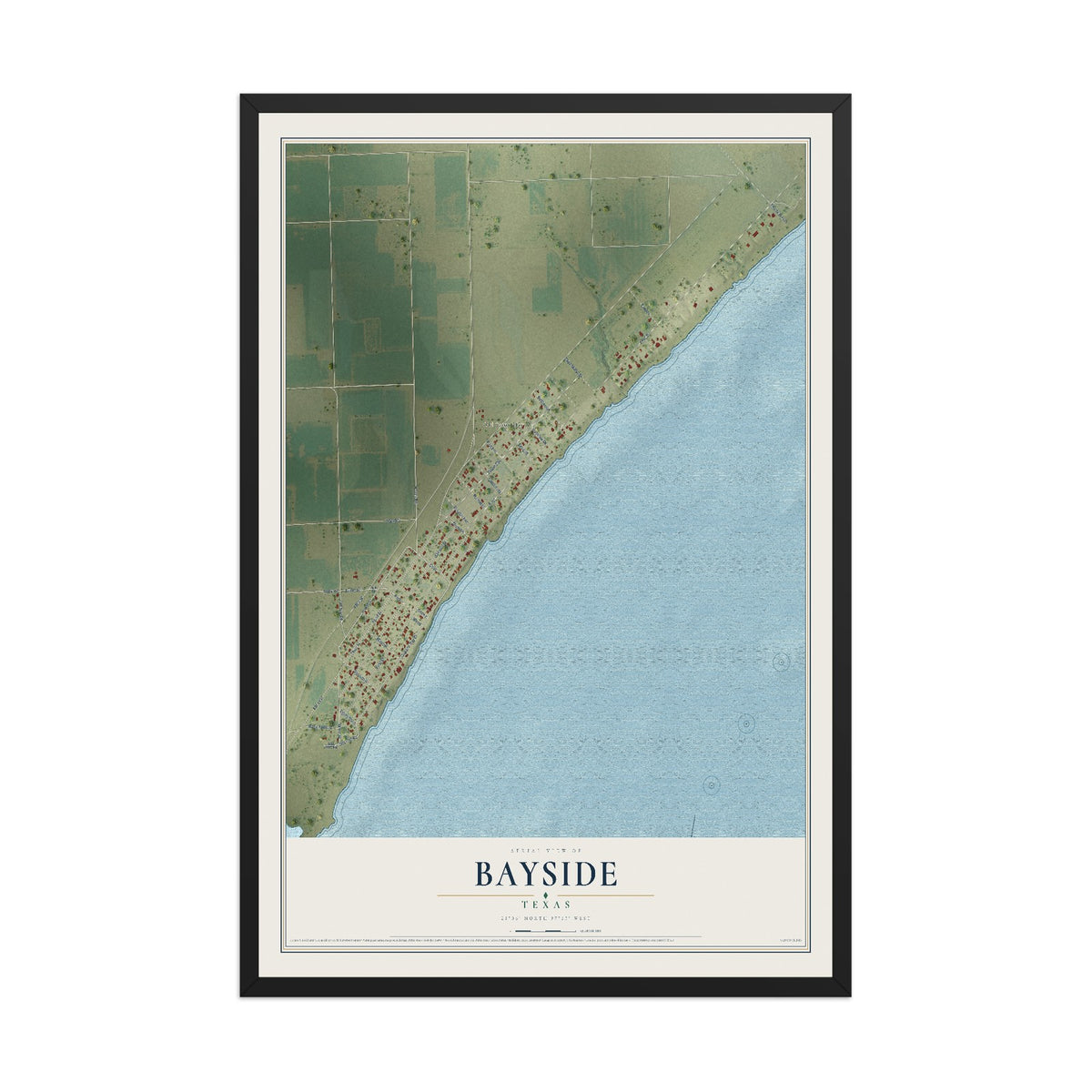 Map of Bayside, Texas, 12 x 18 inch print in a black wood frame