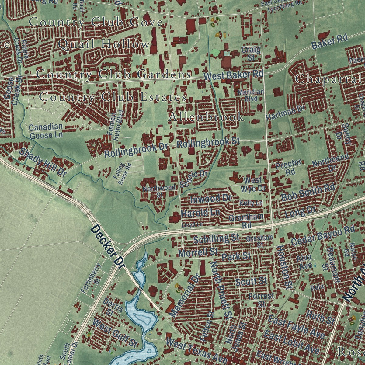 Close-up of the map of Baytown, Texas print showing street and building detail