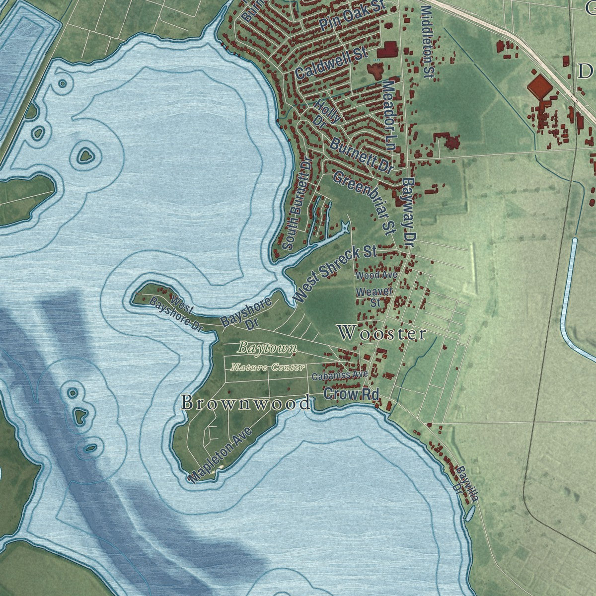 Second close-up of the map of Baytown, Texas print showing more streets and buildings