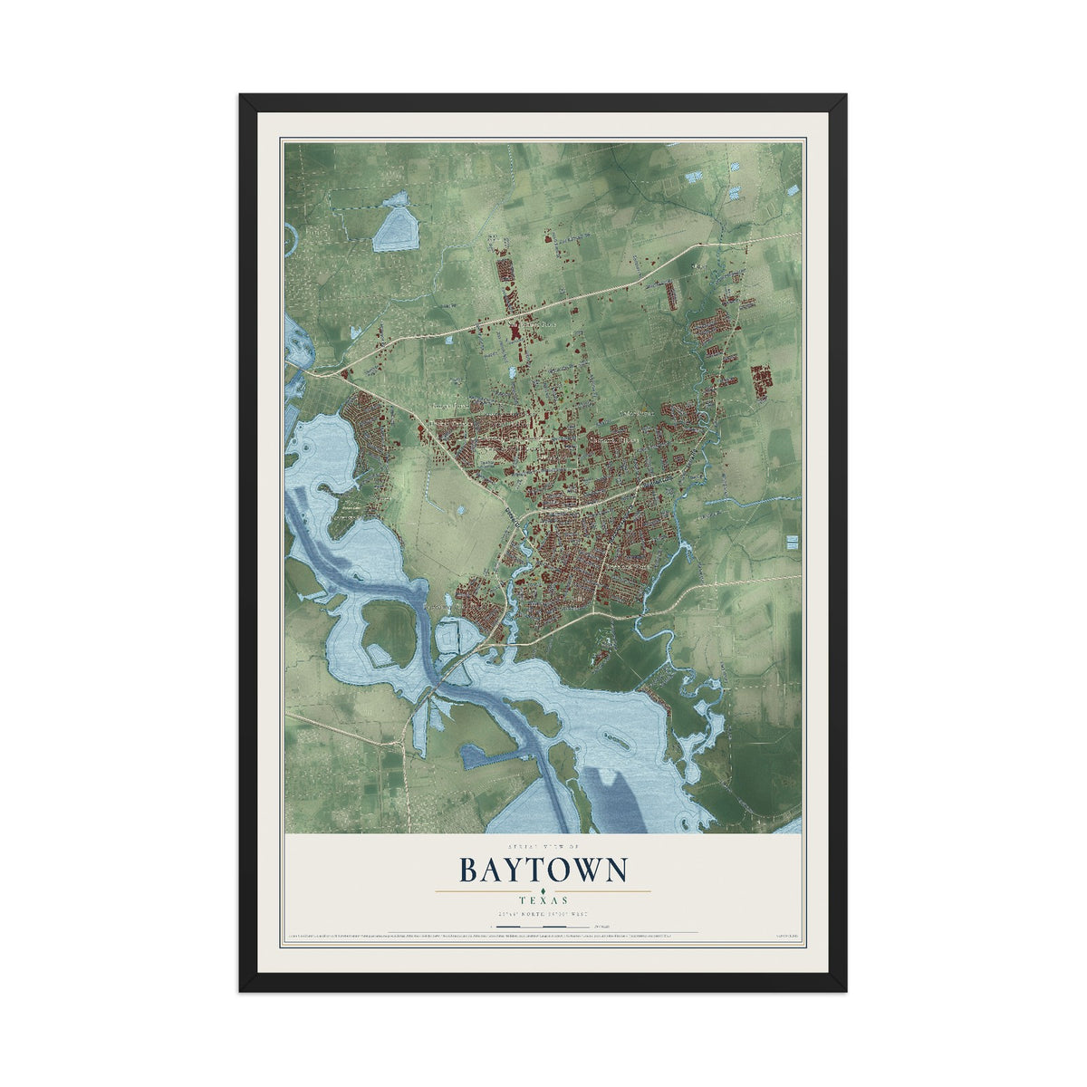 Map of Baytown, Texas, 12 x 18 inch print in a black wood frame