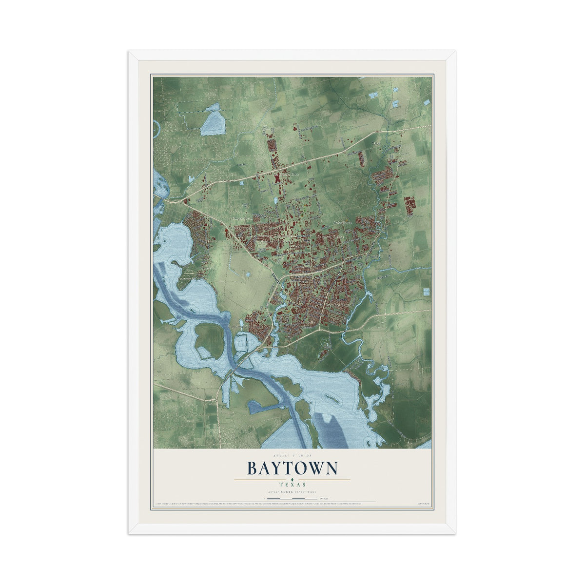 Map of Baytown, Texas, 12 x 18 inch print in a white wood frame