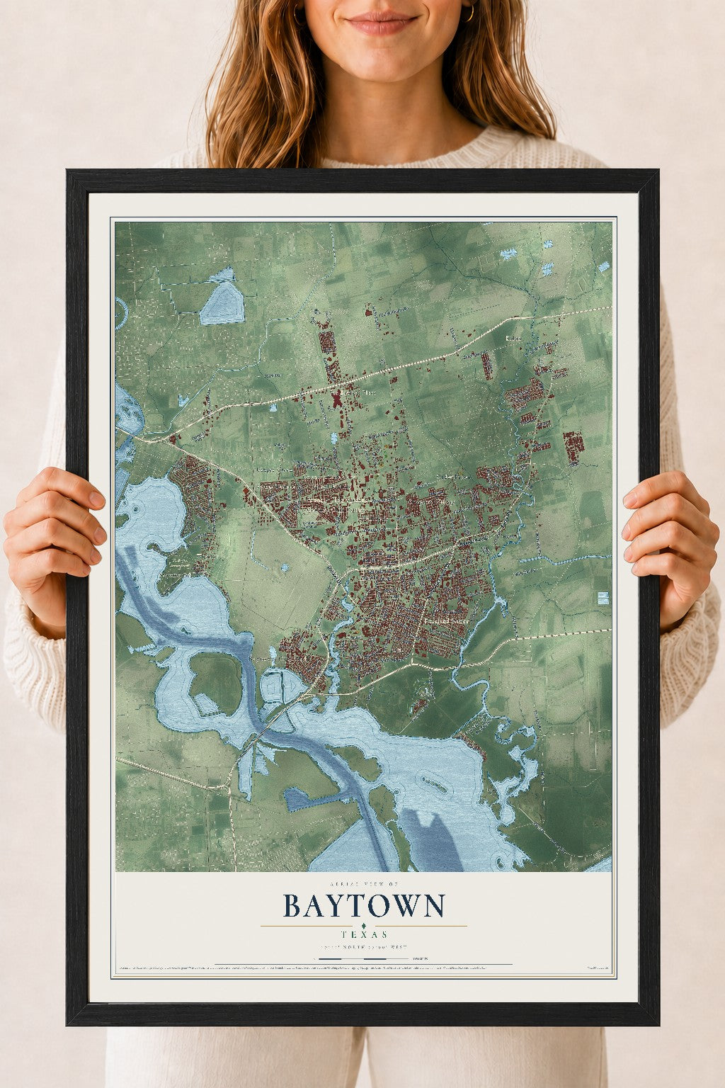 Map of Baytown, Texas, 18 x 24 inch print in a black wood frame
