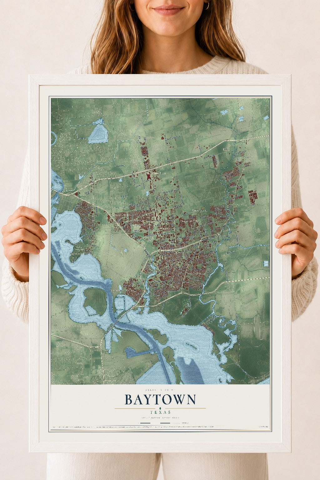 Map of Baytown, Texas, 18 x 24 inch print in a white wood frame