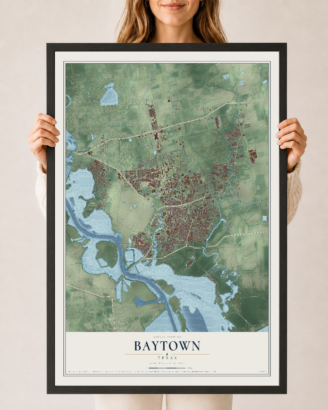 Map of Baytown, Texas, 24 x 36 inch print in a black wood frame
