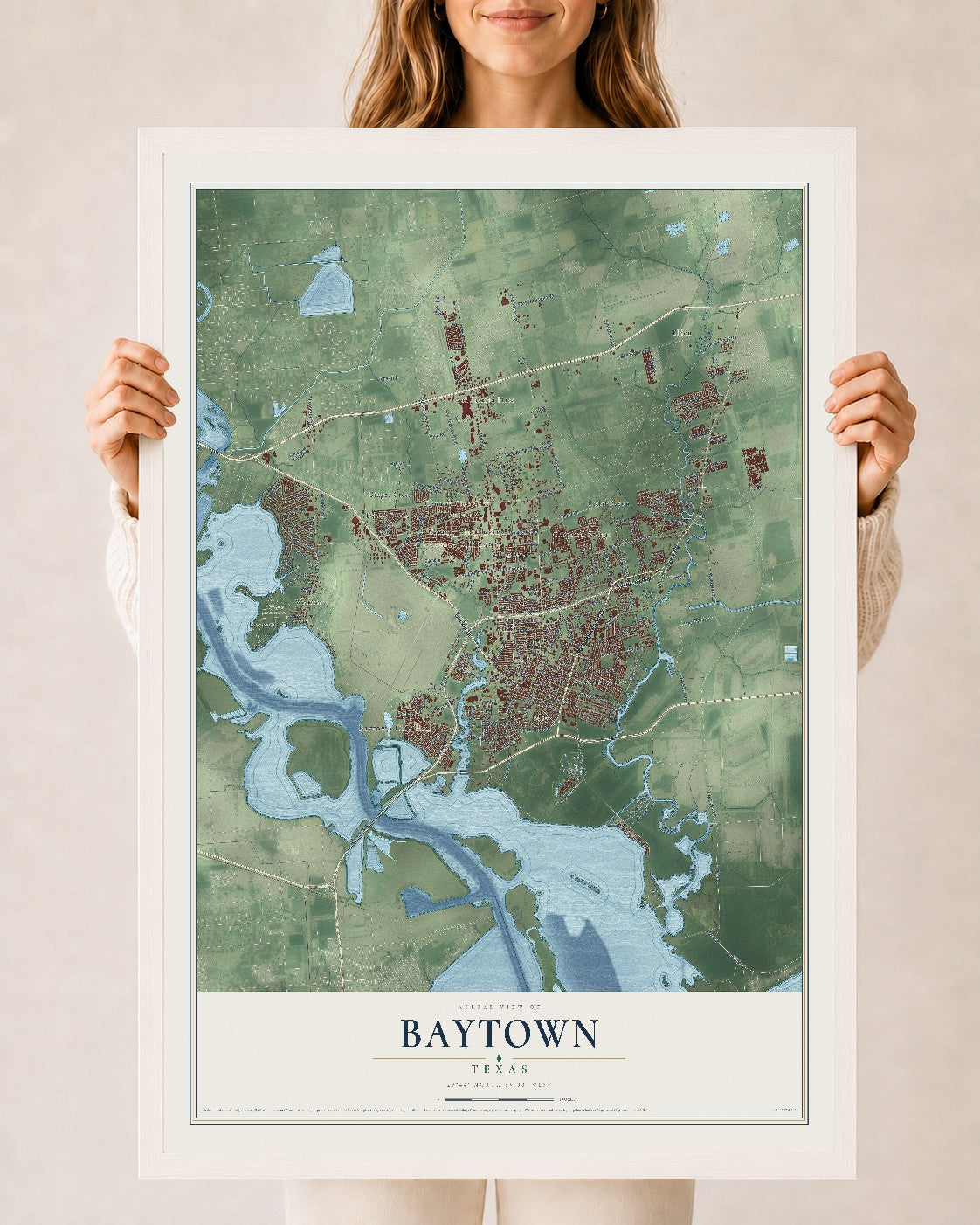 Map of Baytown, Texas, 24 x 36 inch print in a white wood frame