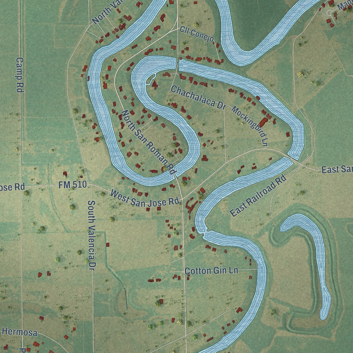 Close-up of the map of Bayview, Texas print showing street and building detail