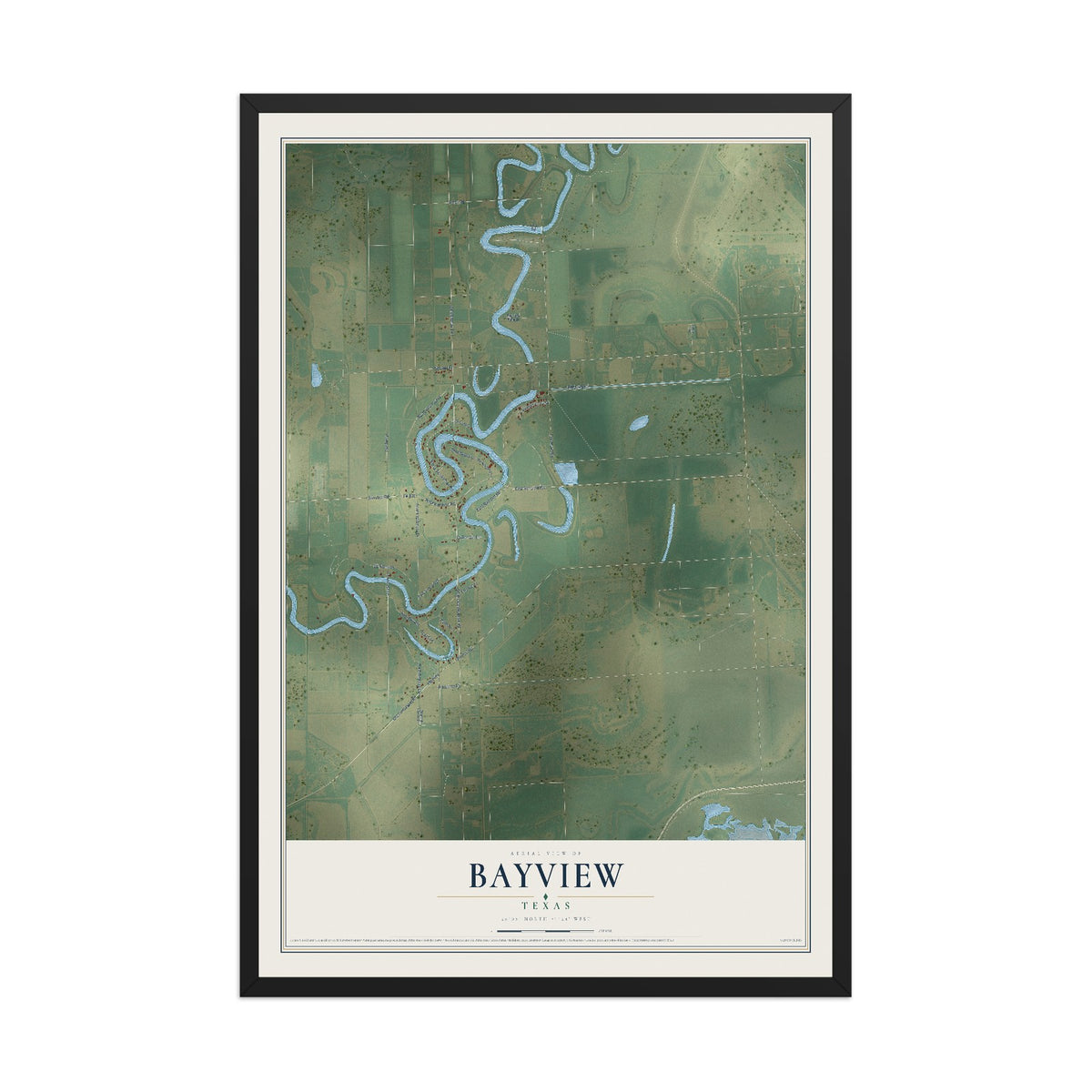 Map of Bayview, Texas, 12 x 18 inch print in a black wood frame