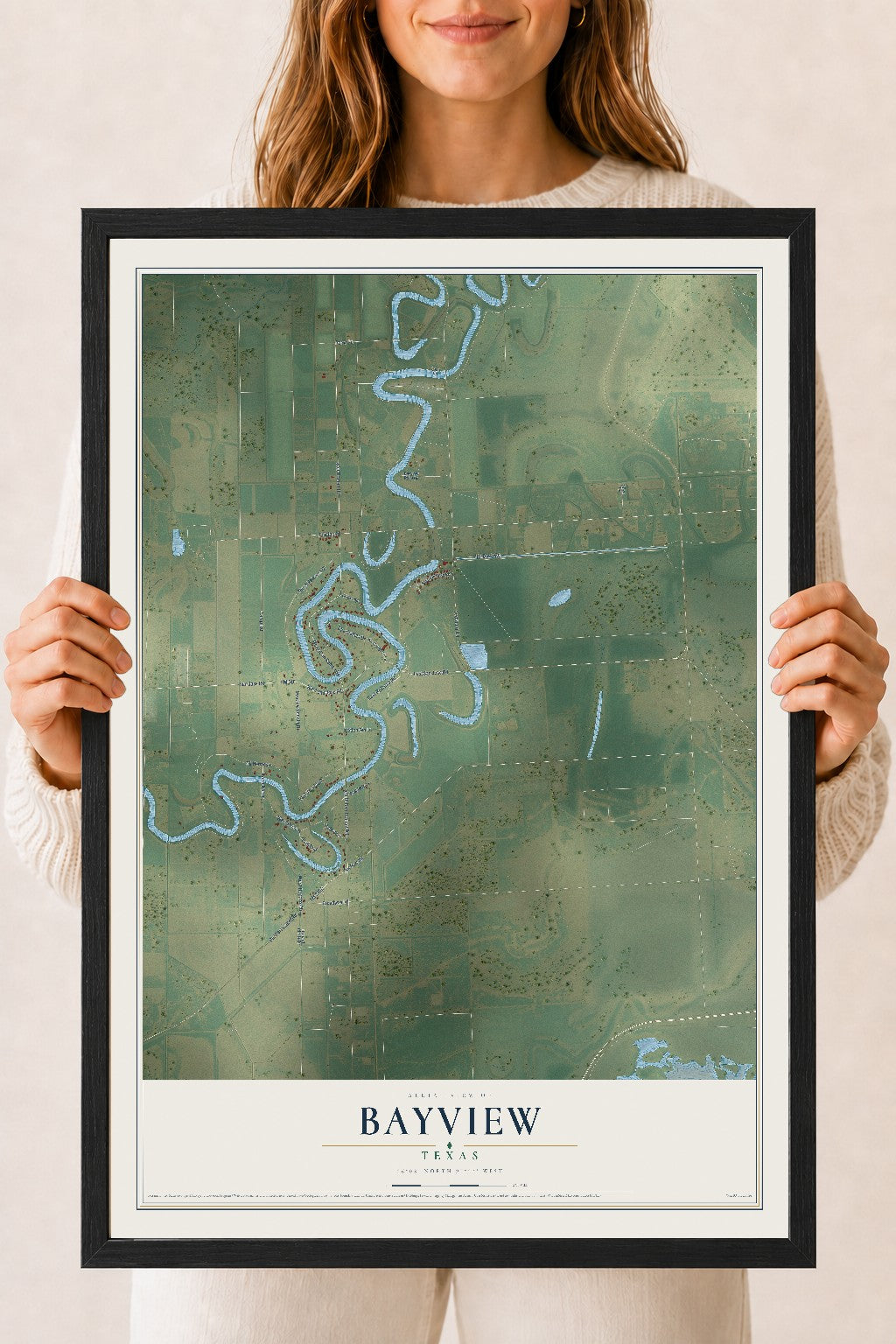 Map of Bayview, Texas, 18 x 24 inch print in a black wood frame