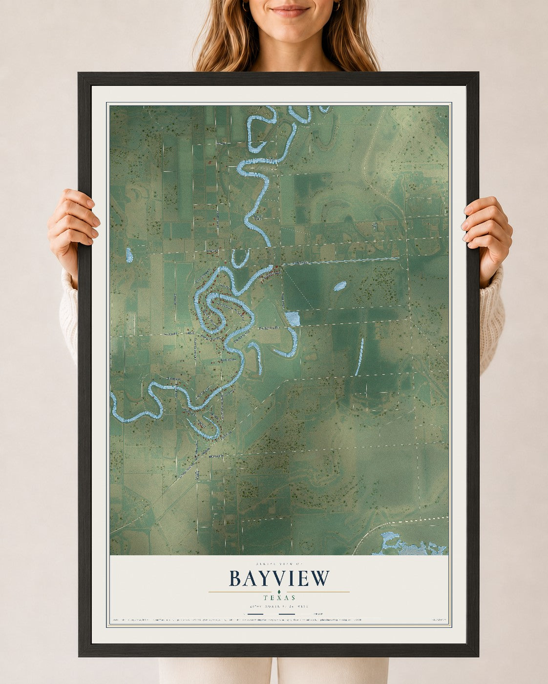 Map of Bayview, Texas, 24 x 36 inch print in a black wood frame