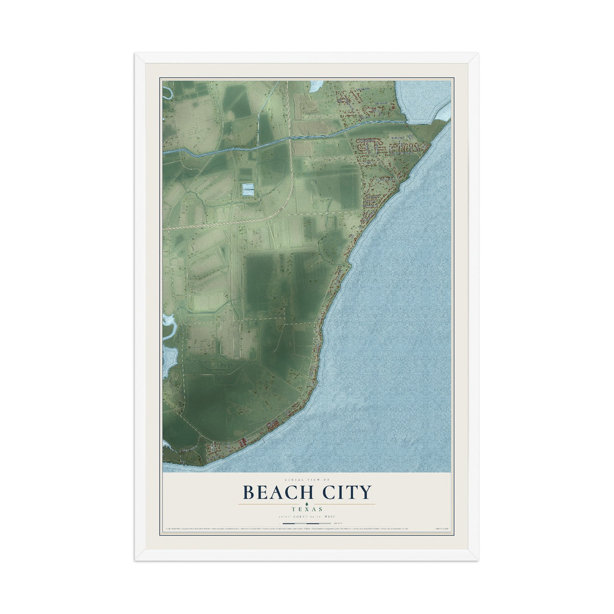 Map of Beach City, Texas, 12 x 18 inch print in a white wood frame