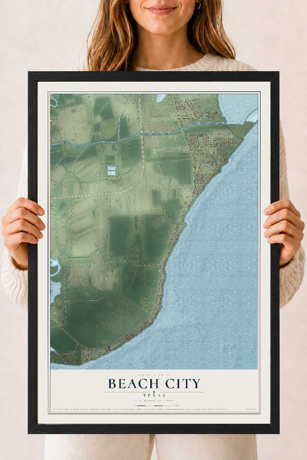 Map of Beach City, Texas, 18 x 24 inch print in a black wood frame
