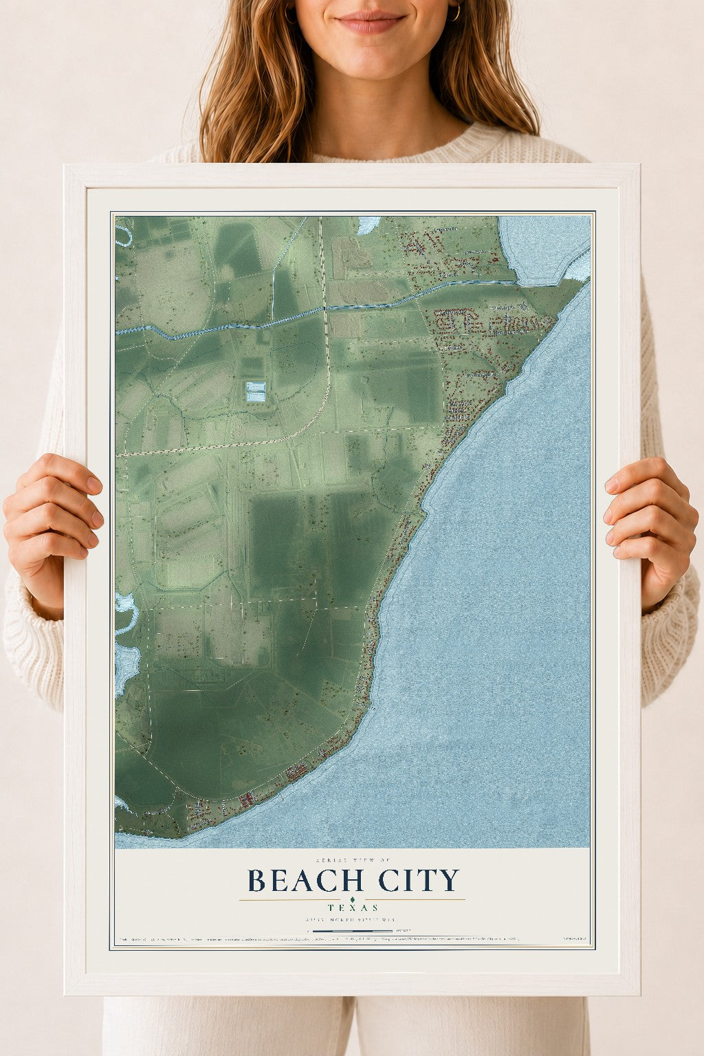 Map of Beach City, Texas, 18 x 24 inch print in a white wood frame