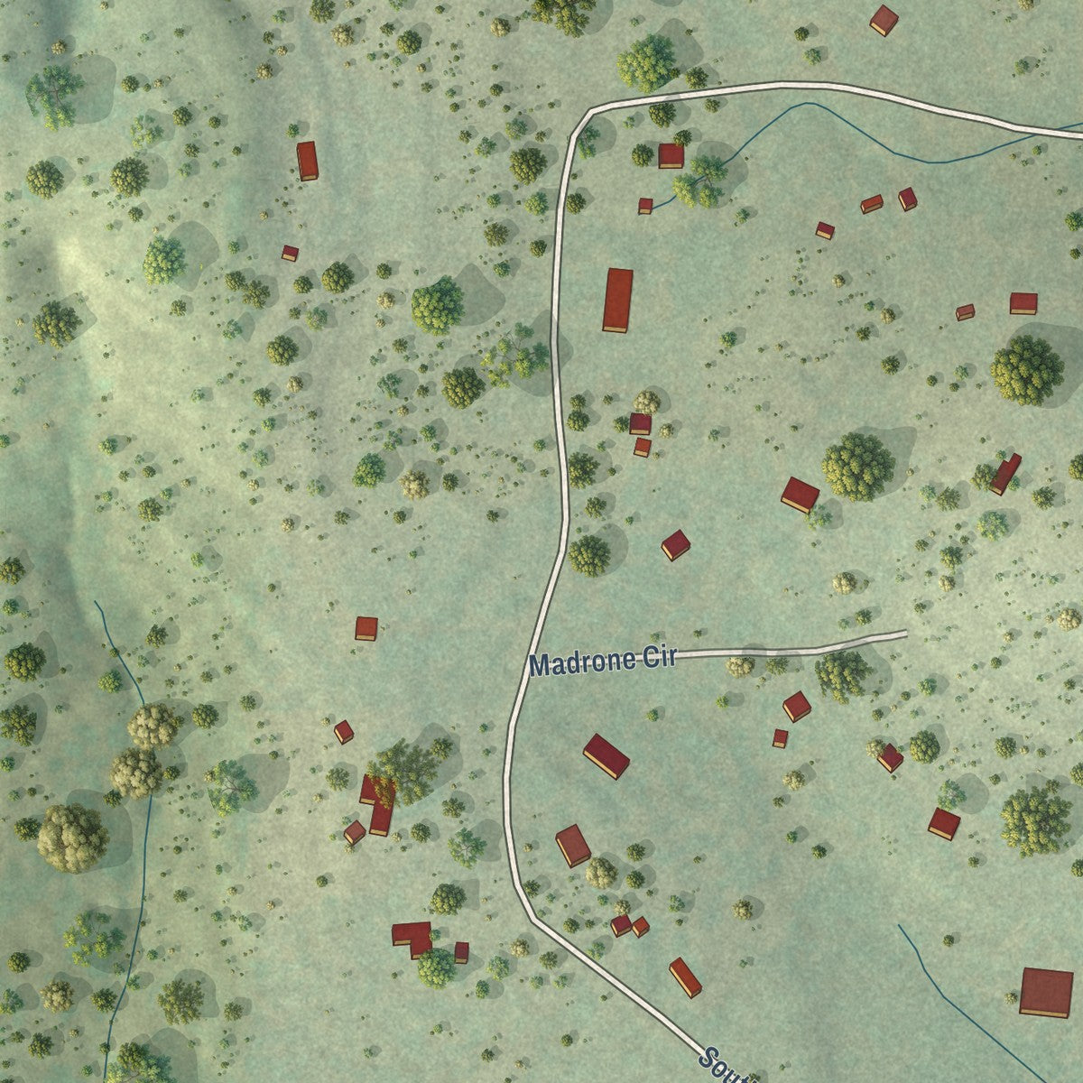 Second close-up of the map of Bear Creek, Texas print showing more streets and buildings