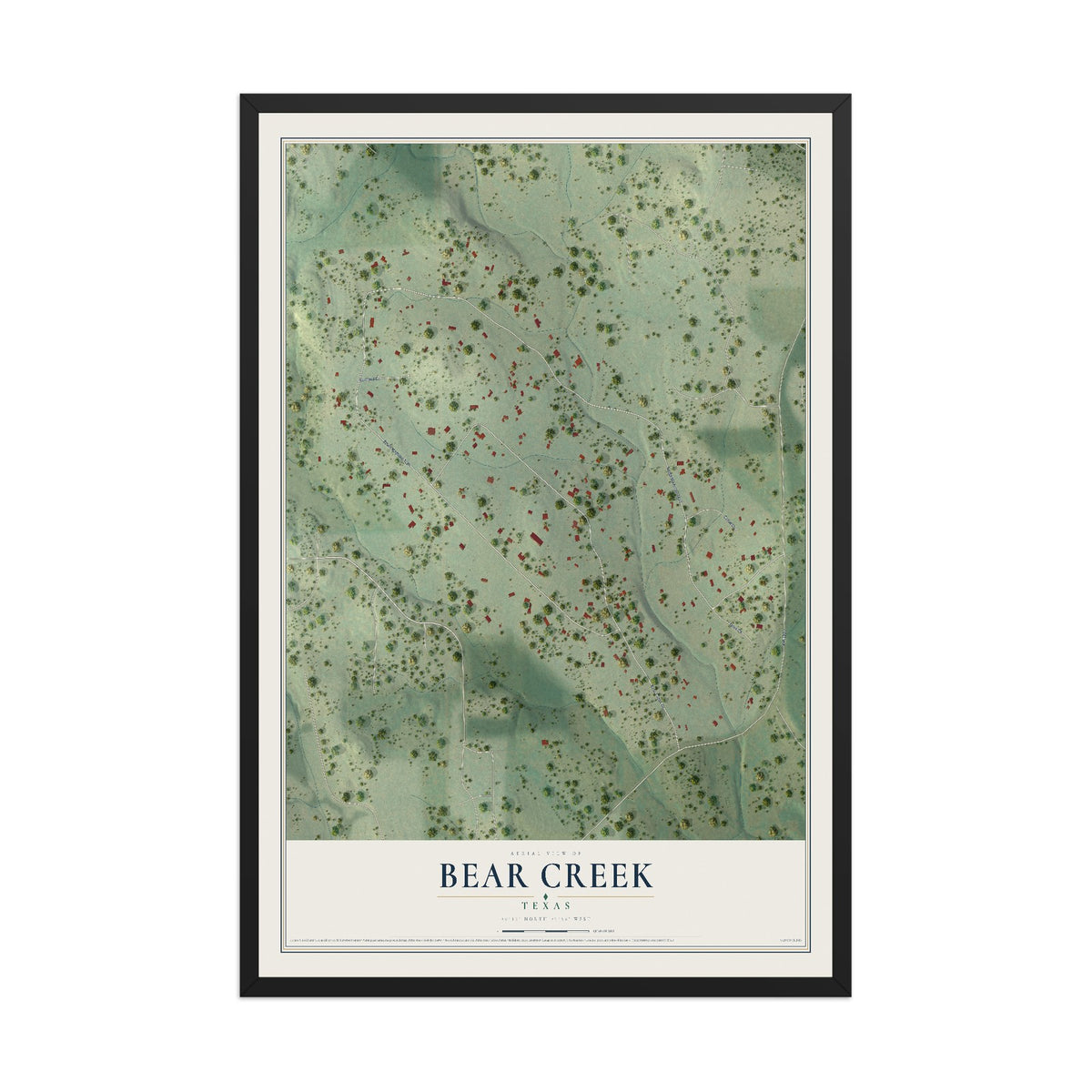Map of Bear Creek, Texas, 12 x 18 inch print in a black wood frame